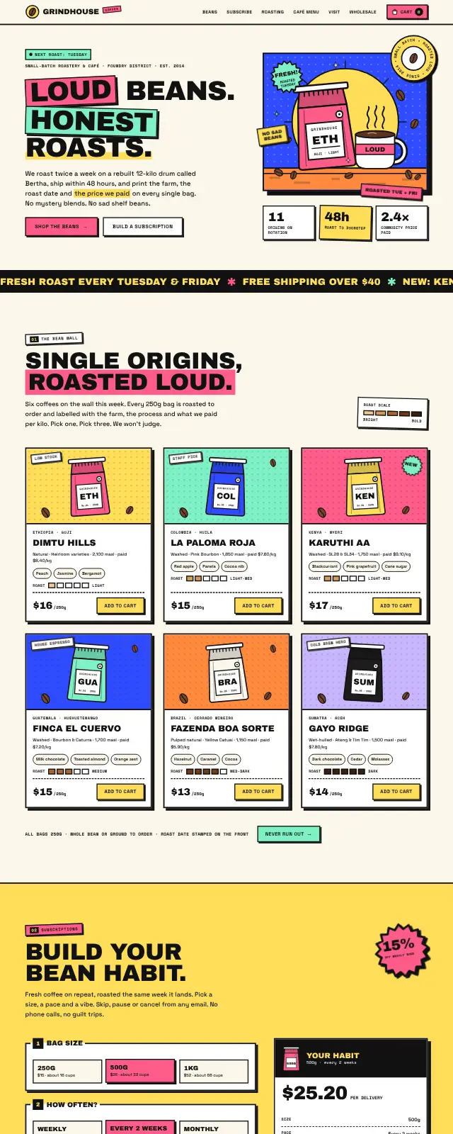 Coffee roastery website design (Neo-brutalism style)