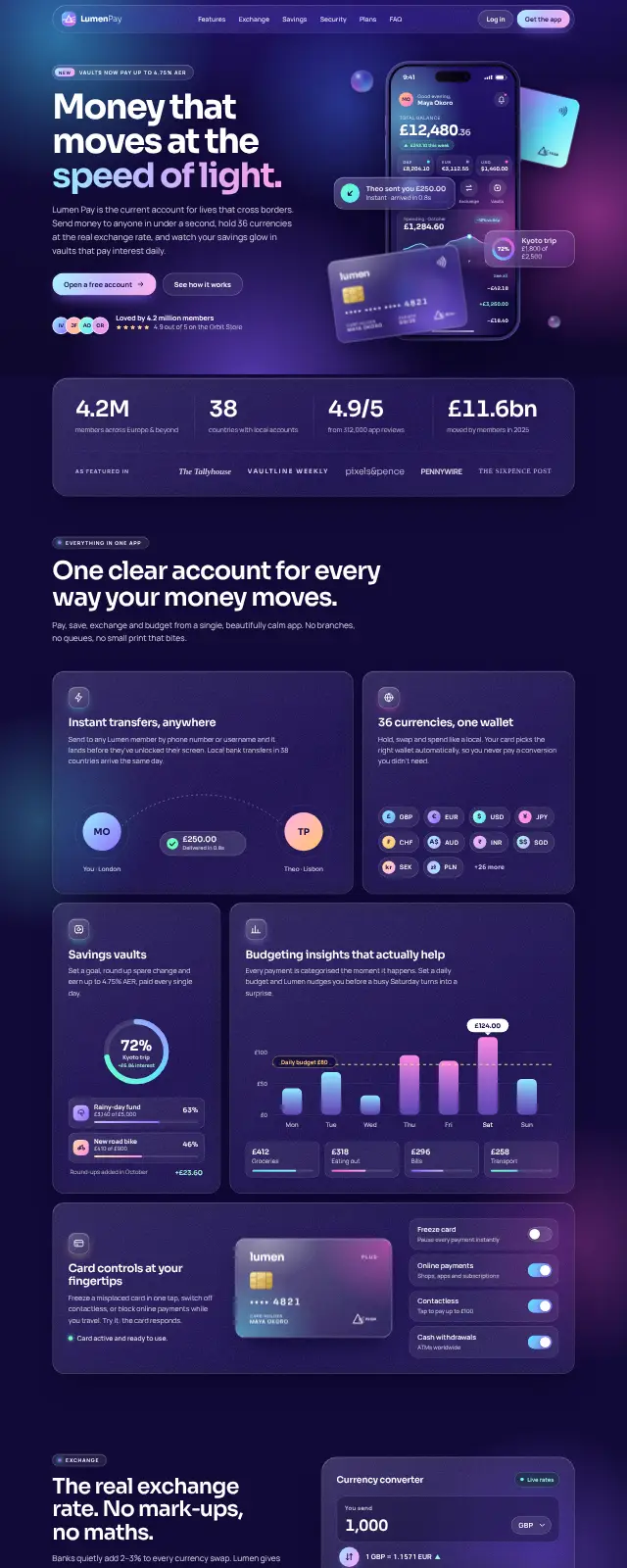 Payments app website design (Glassmorphism style)