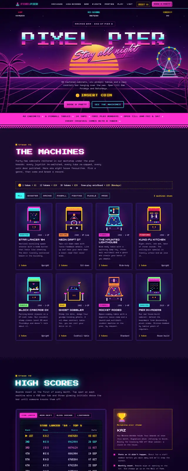 Retro arcade bar website design (Synthwave retro style)