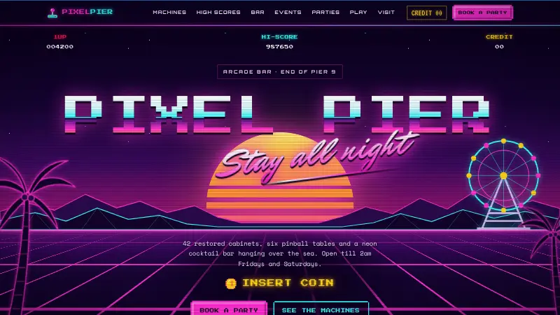 Retro arcade bar website design (Synthwave retro style)